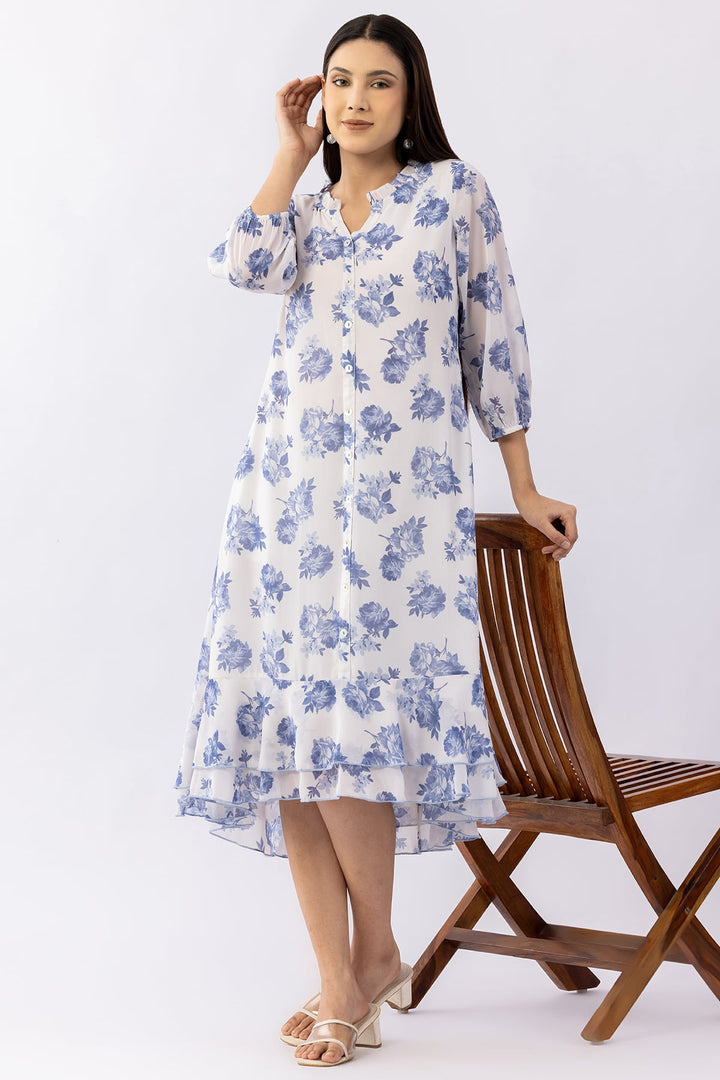 Sky Blue Printed Georgette Dress with Mandarin Neck &amp; 3/4 Sleeves