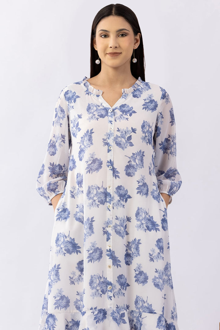 Sky Blue Printed Georgette Dress with Mandarin Neck &amp; 3/4 Sleeves