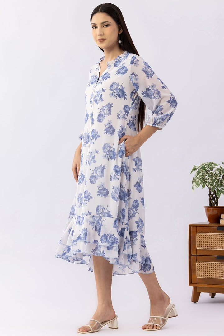 Sky Blue Printed Georgette Dress with Mandarin Neck &amp; 3/4 Sleeves