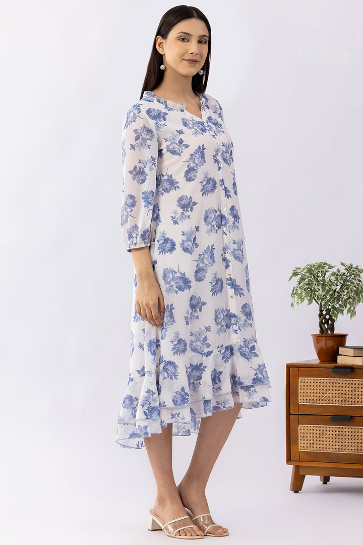 Sky Blue Printed Georgette Dress with Mandarin Neck &amp; 3/4 Sleeves