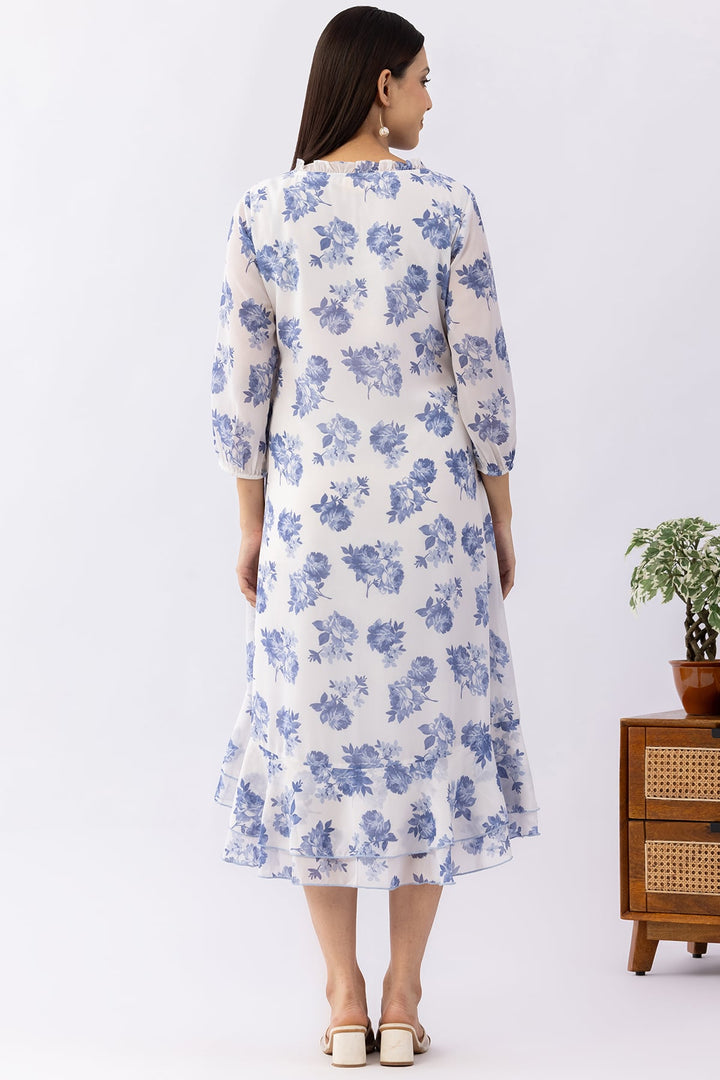 Sky Blue Printed Georgette Dress with Mandarin Neck &amp; 3/4 Sleeves