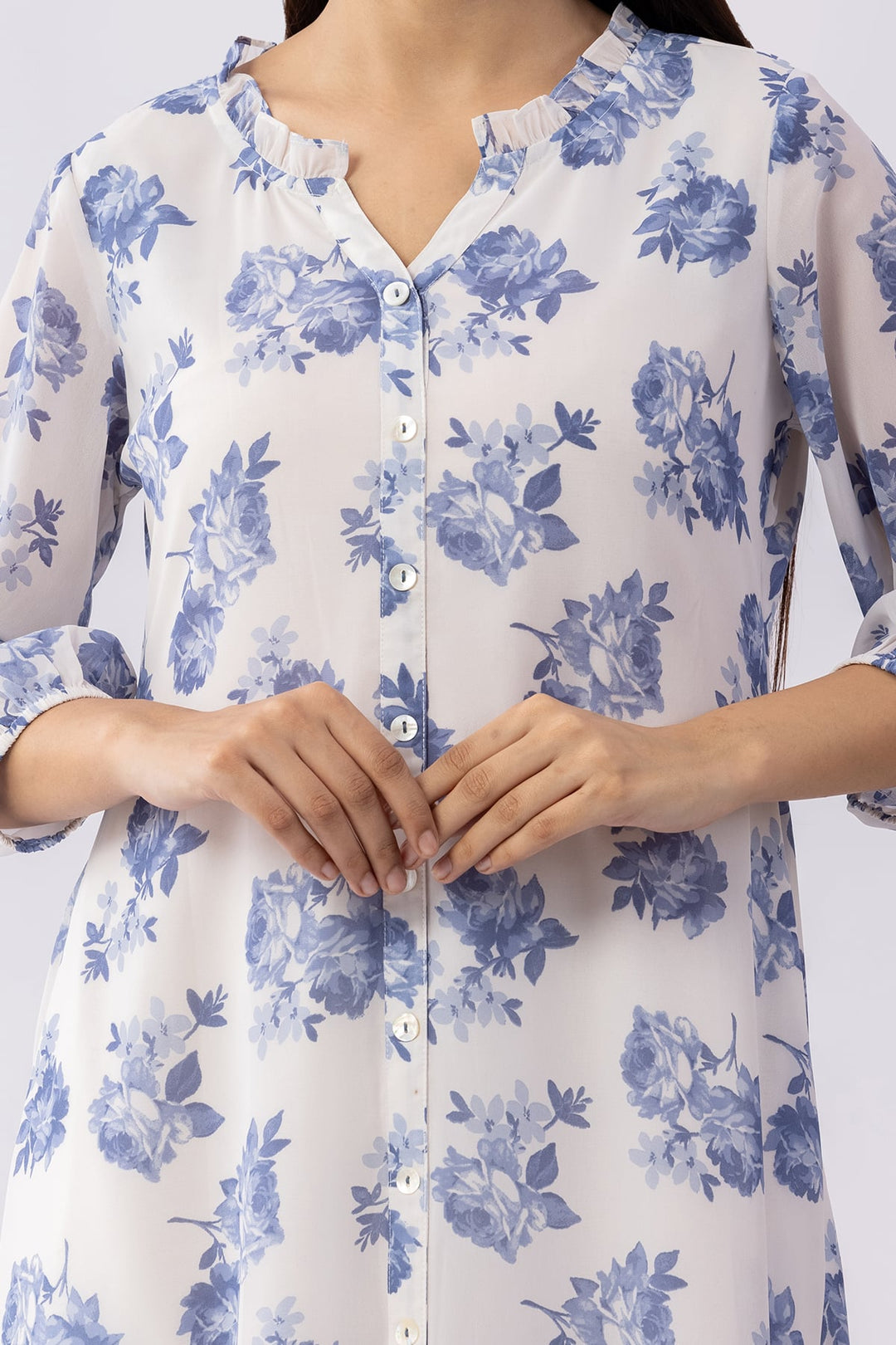 Sky Blue Printed Georgette Dress with Mandarin Neck &amp; 3/4 Sleeves