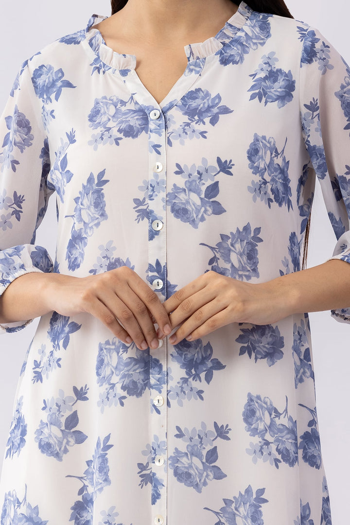 Sky Blue Printed Georgette Dress with Mandarin Neck &amp; 3/4 Sleeves