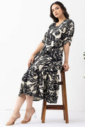 Black & Beige Printed Viscose Dress with Round Neck & Half Sleeves
