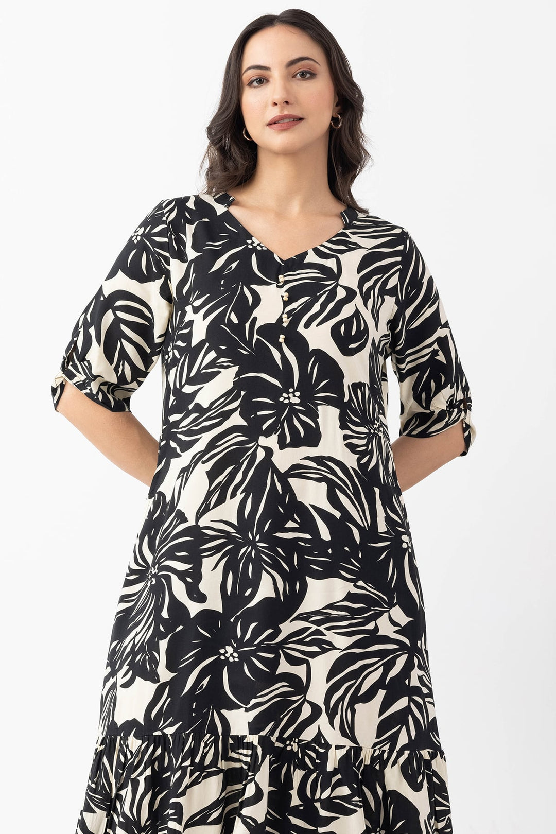 Black &amp; Beige Printed Viscose Dress with Round Neck &amp; Half Sleeves