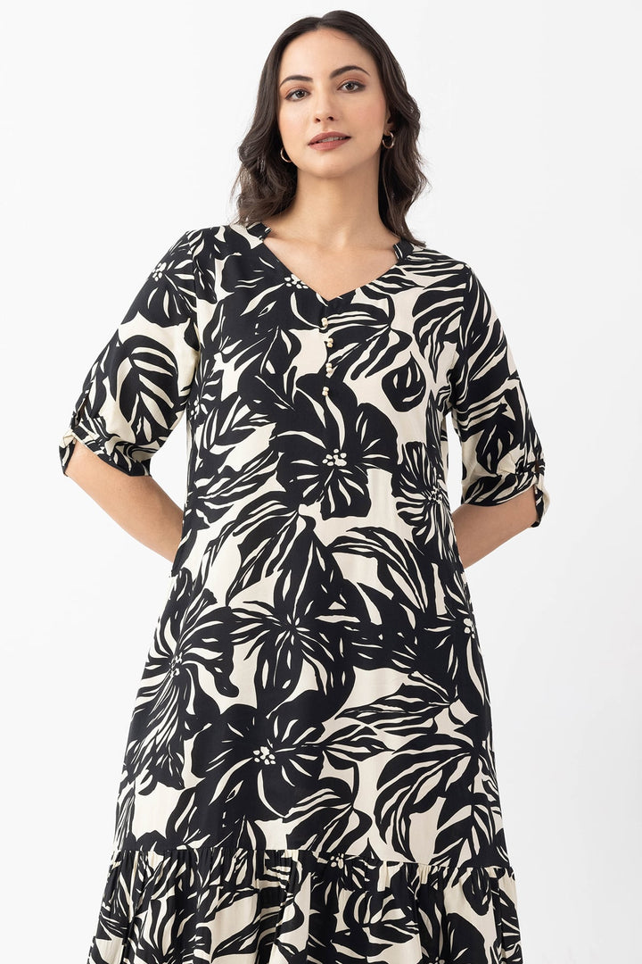 Black &amp; Beige Printed Viscose Dress with Round Neck &amp; Half Sleeves