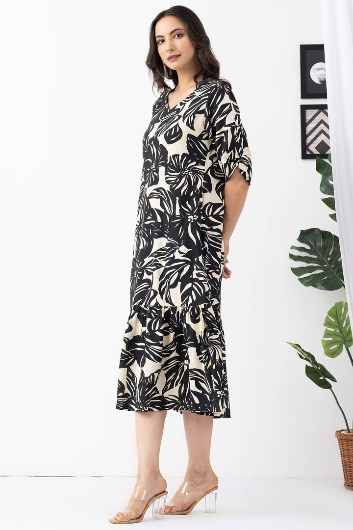 Black &amp; Beige Printed Viscose Dress with Round Neck &amp; Half Sleeves