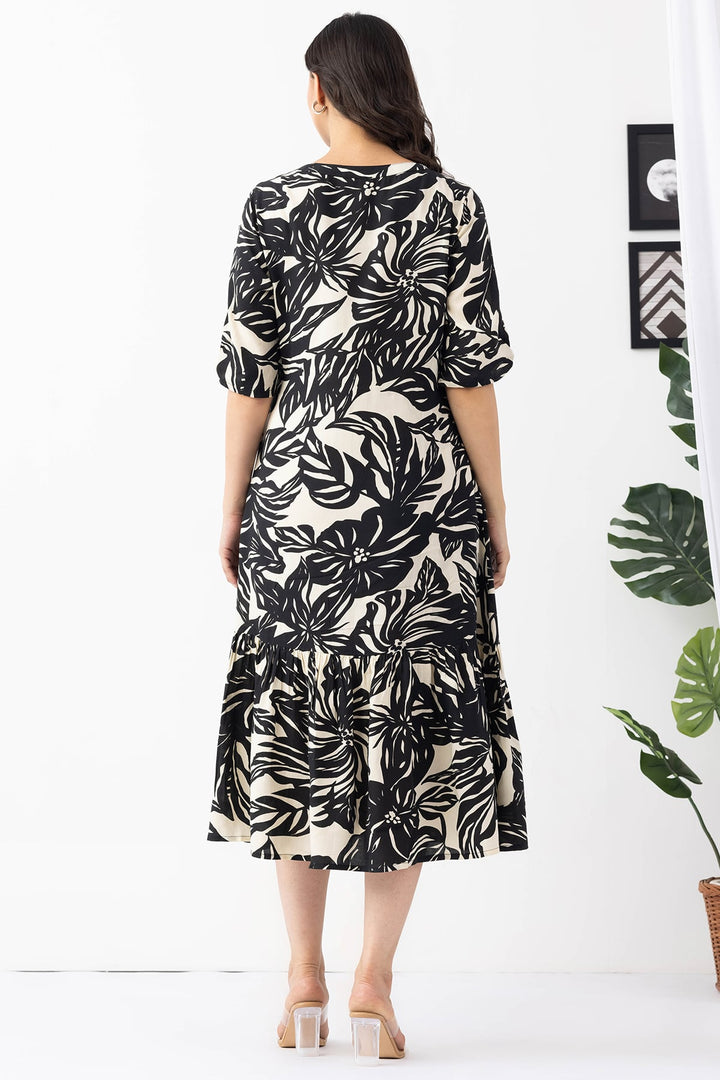 Black &amp; Beige Printed Viscose Dress with Round Neck &amp; Half Sleeves