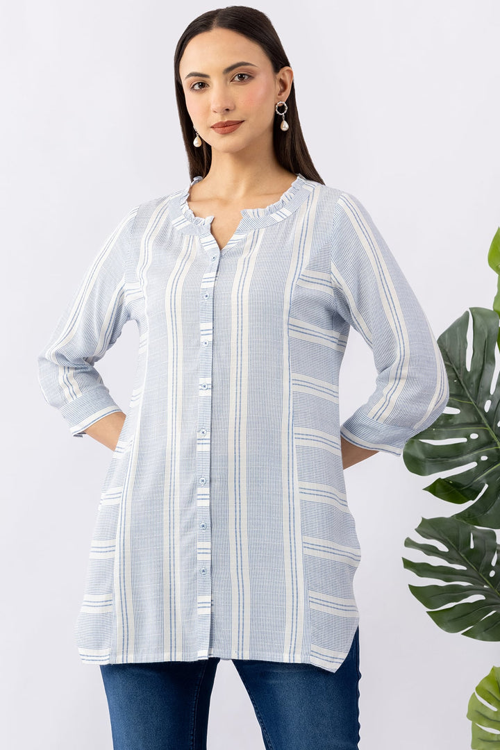 Blue Striped Yarn Dyed Cotton Dobby Tunic with Mandarin Neck &amp; 3/4 Sleeves