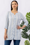 Blue Striped Yarn Dyed Cotton Dobby Tunic with Mandarin Neck & 3/4 Sleeves