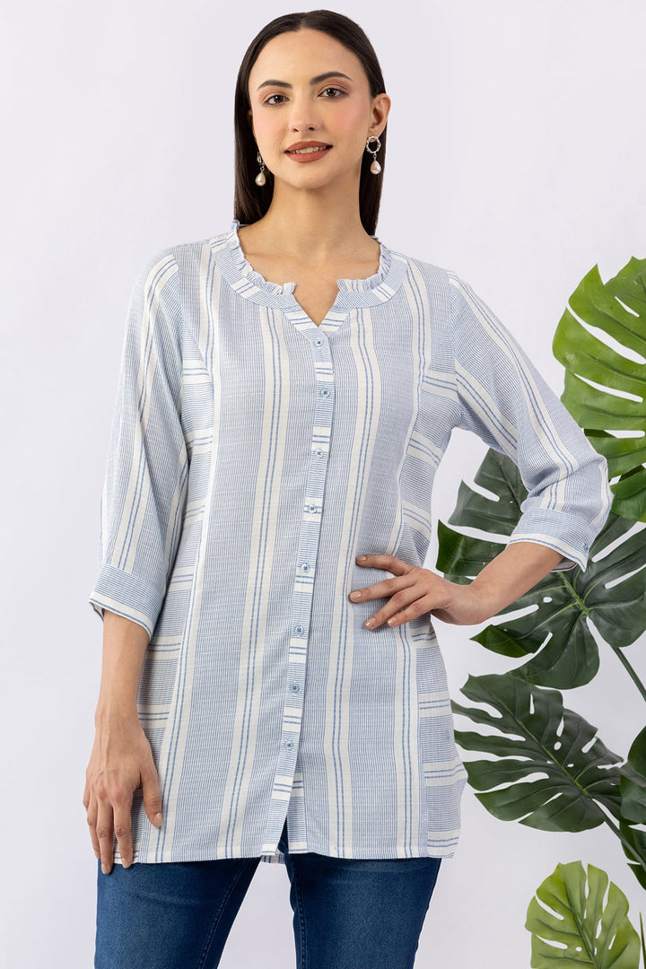 Blue Striped Yarn Dyed Cotton Dobby Tunic with Mandarin Neck &amp; 3/4 Sleeves