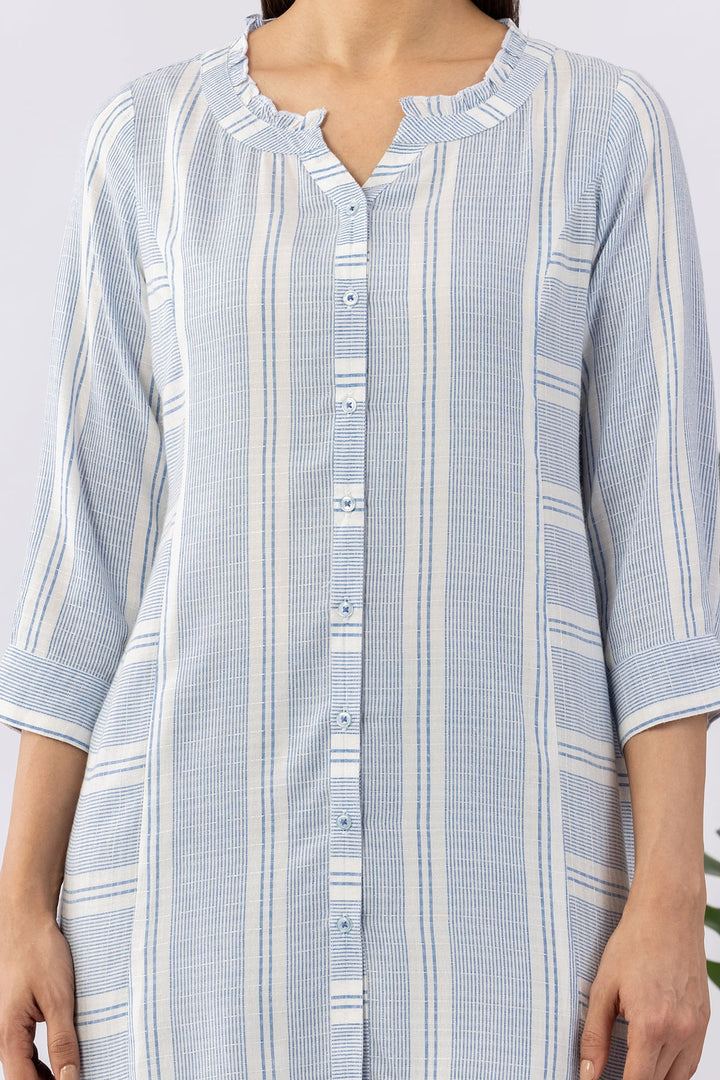Blue Striped Yarn Dyed Cotton Dobby Tunic with Mandarin Neck &amp; 3/4 Sleeves