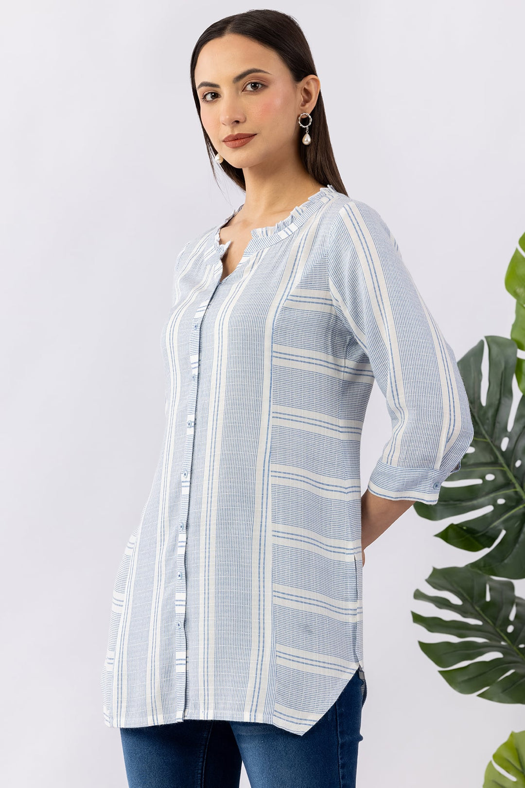 Blue Striped Yarn Dyed Cotton Dobby Tunic with Mandarin Neck &amp; 3/4 Sleeves