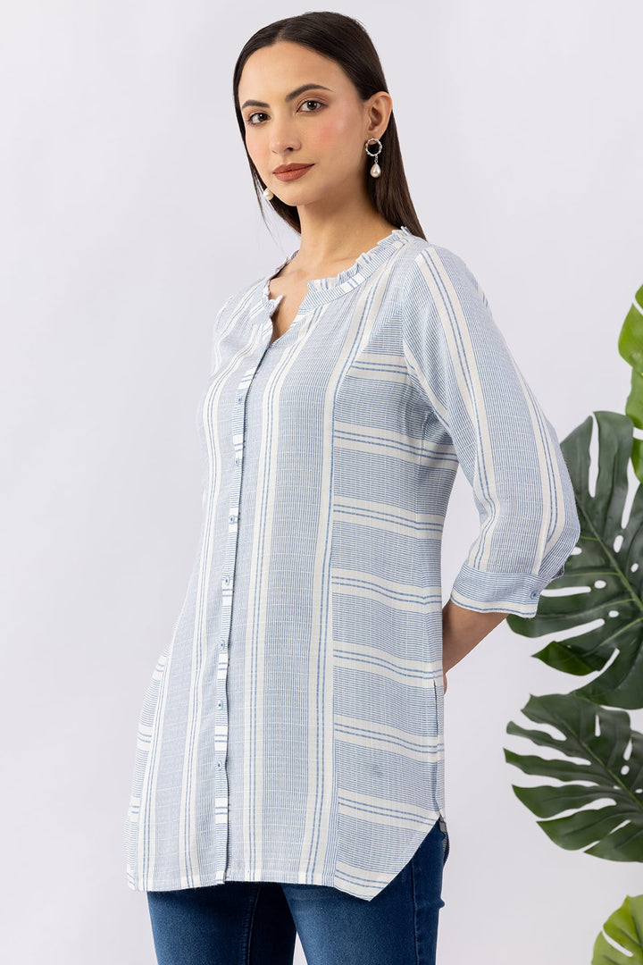 Blue Striped Yarn Dyed Cotton Dobby Tunic with Mandarin Neck &amp; 3/4 Sleeves
