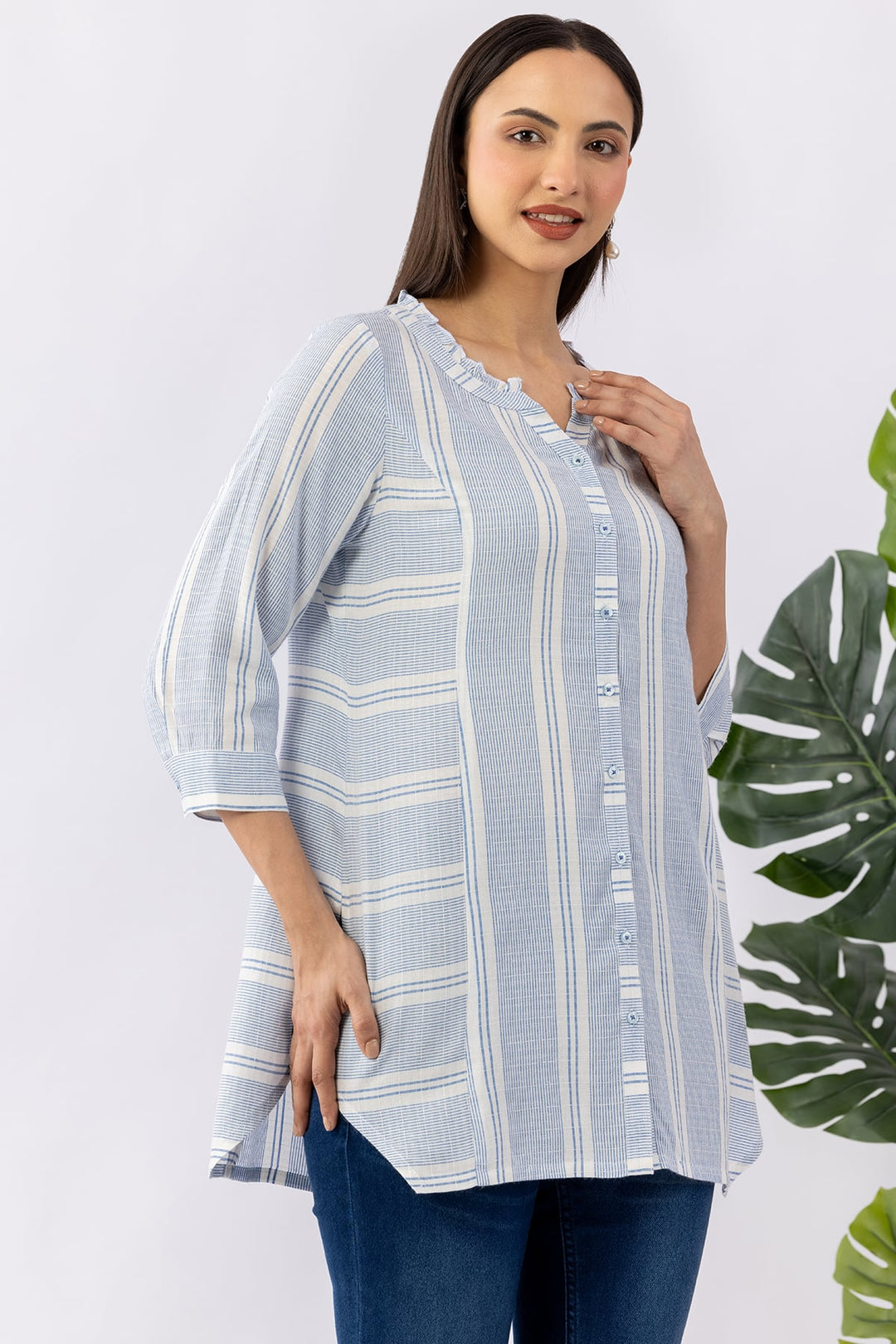 Blue Striped Yarn Dyed Cotton Dobby Tunic with Mandarin Neck &amp; 3/4 Sleeves