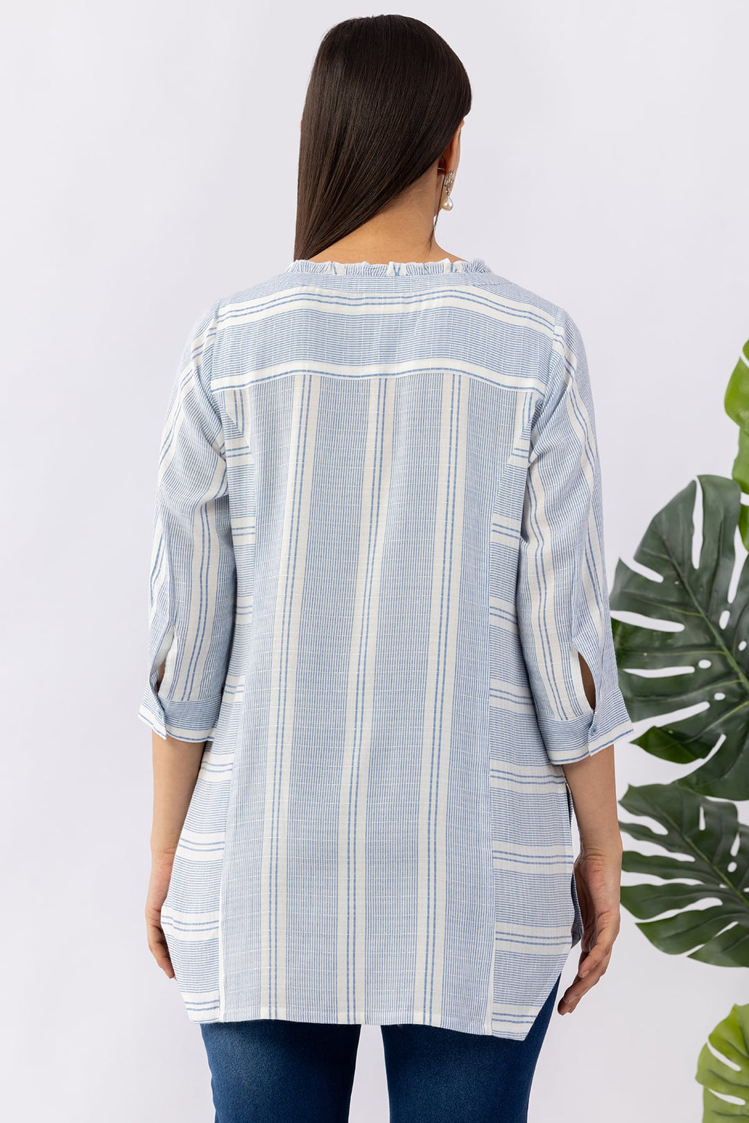 Blue Striped Yarn Dyed Cotton Dobby Tunic with Mandarin Neck &amp; 3/4 Sleeves