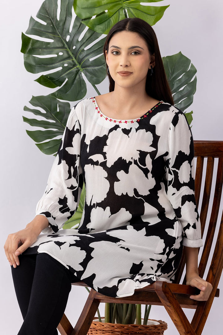 Black &amp; White Viscose Crepe Embroidered Tunic