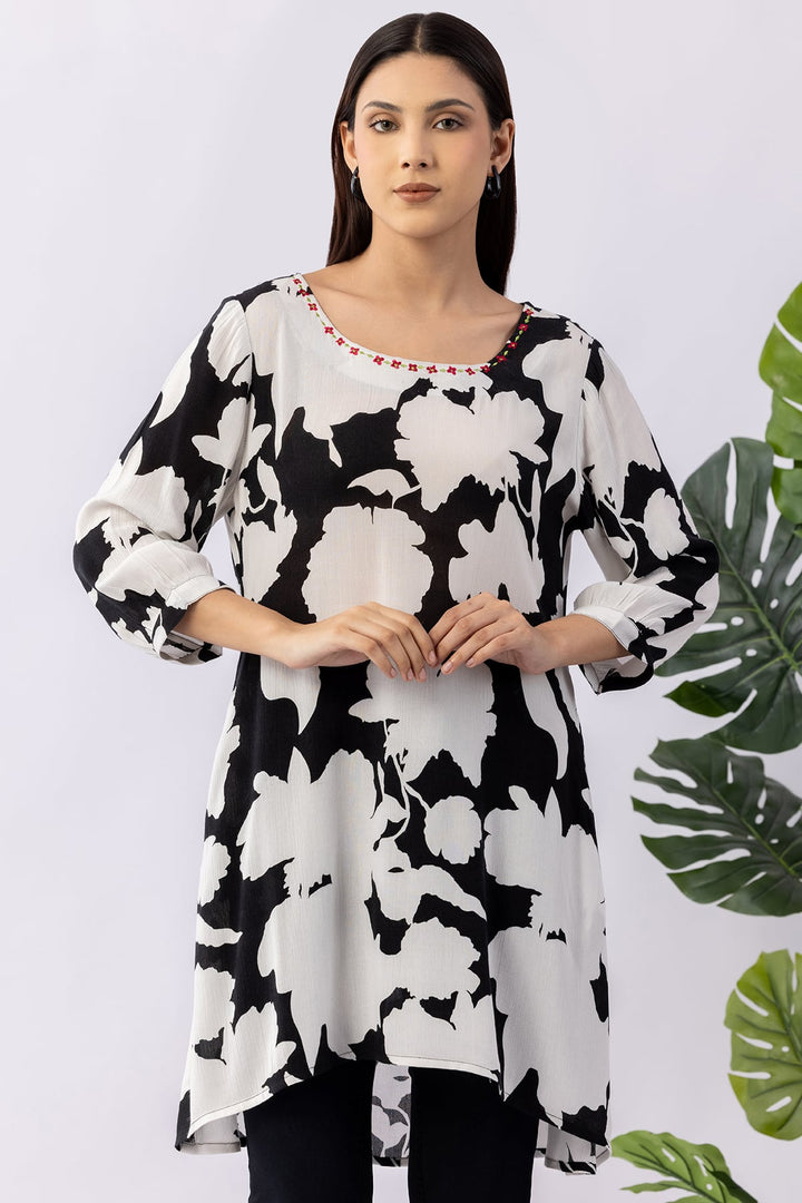 Black &amp; White Viscose Crepe Embroidered Tunic