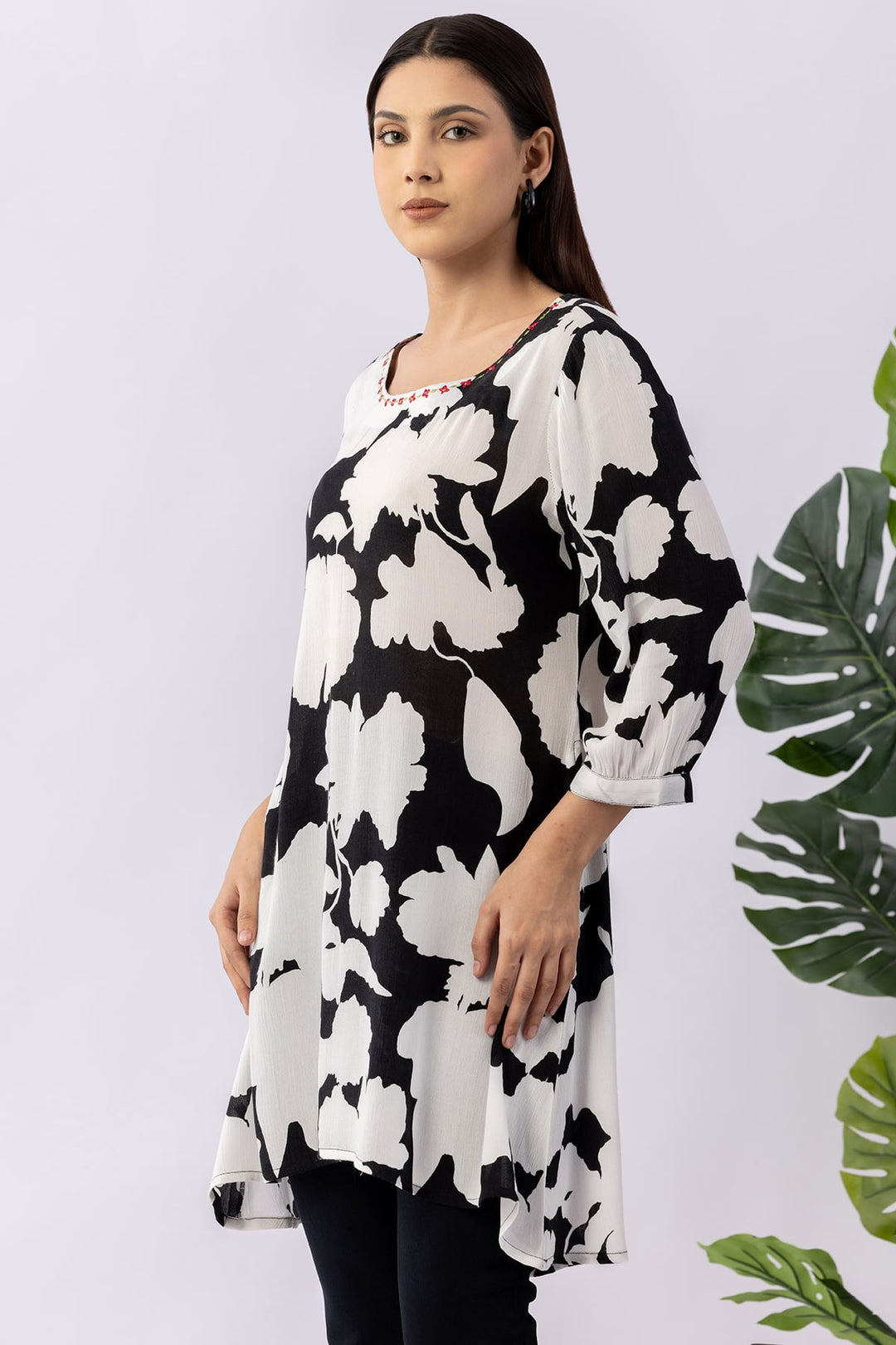 Black &amp; White Viscose Crepe Embroidered Tunic