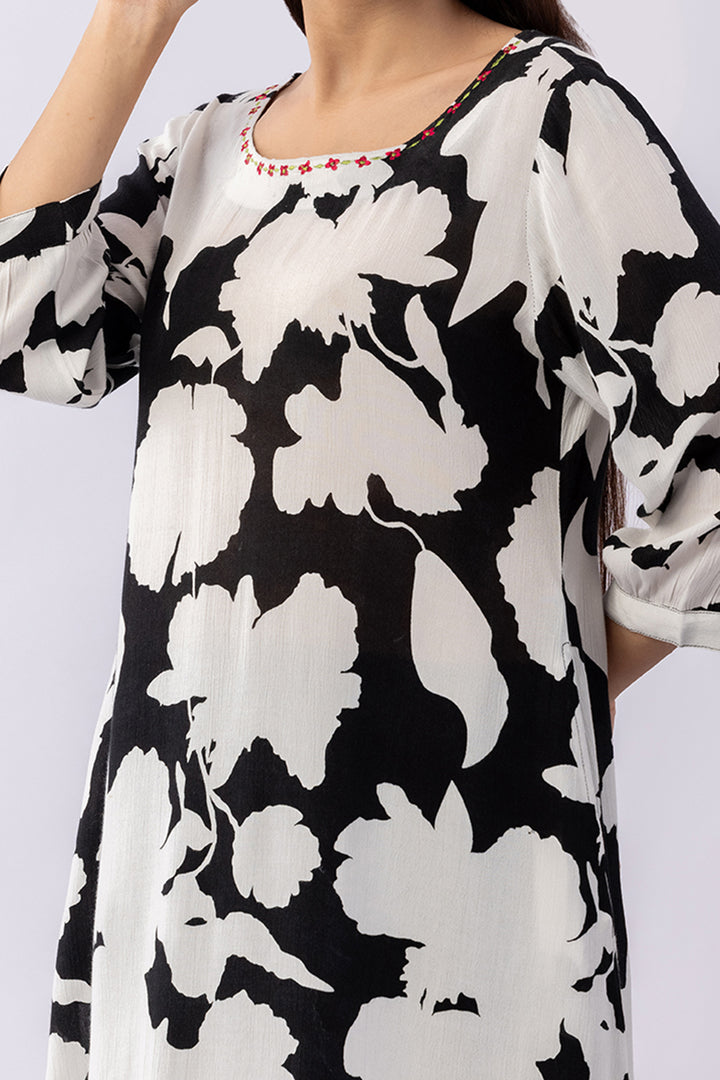 Black &amp; White Viscose Crepe Embroidered Tunic
