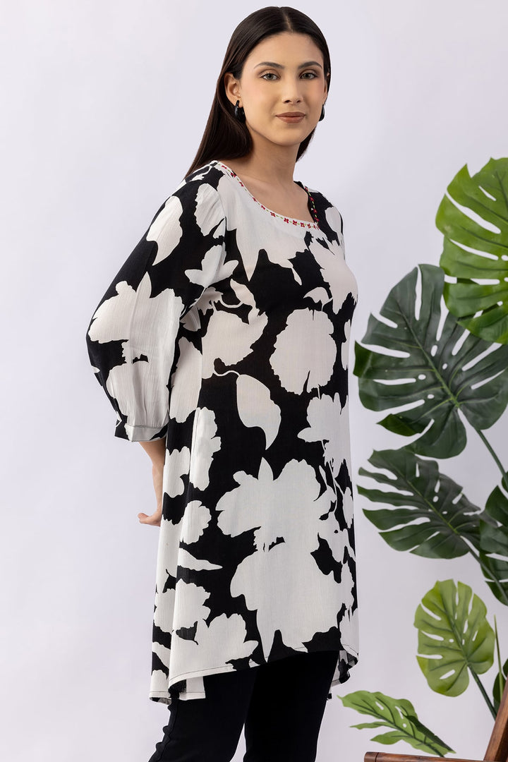 Black &amp; White Viscose Crepe Embroidered Tunic