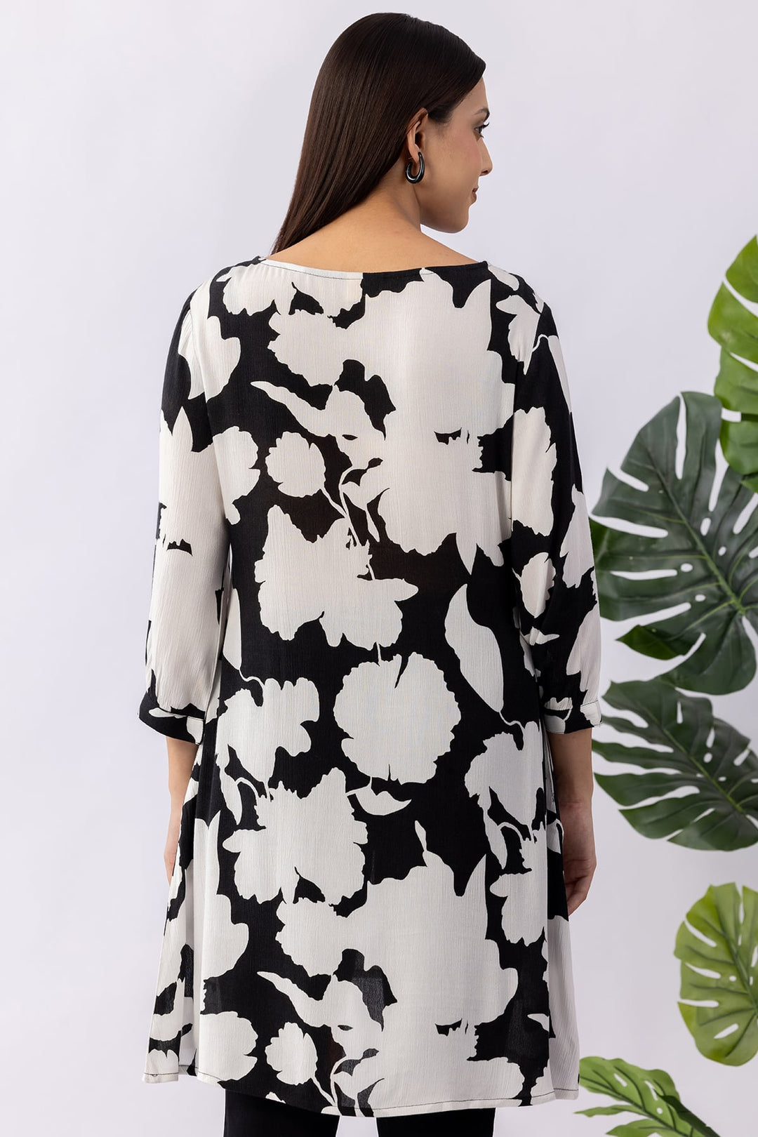 Black &amp; White Viscose Crepe Embroidered Tunic