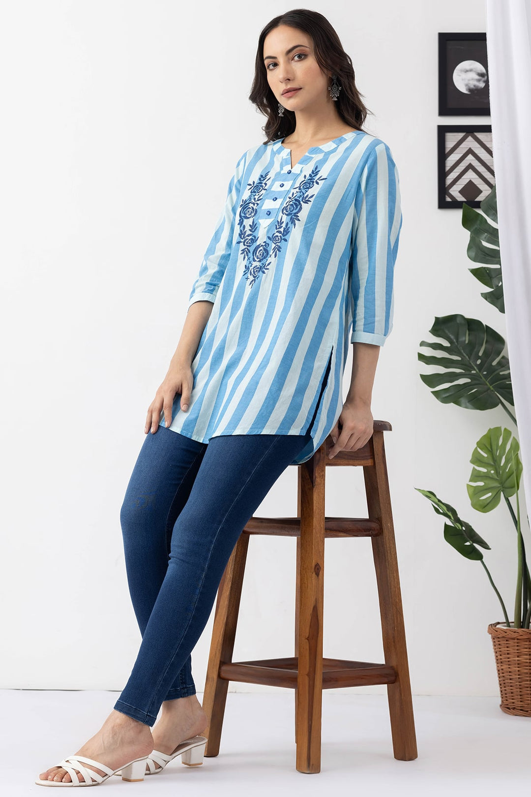 Blue Embroidered Cotton Stripe Tunic with Round Neck &amp; 3/4 Sleeves