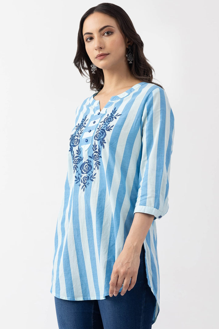 Blue Embroidered Cotton Stripe Tunic with Round Neck &amp; 3/4 Sleeves