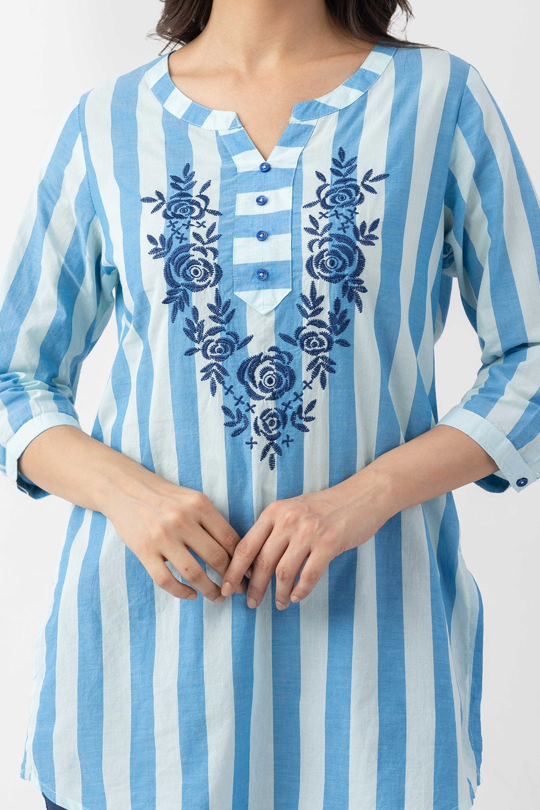Blue Embroidered Cotton Stripe Tunic with Round Neck &amp; 3/4 Sleeves