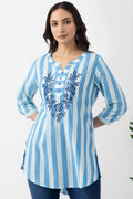 Blue Embroidered Cotton Stripe Tunic with Round Neck & 3/4 Sleeves