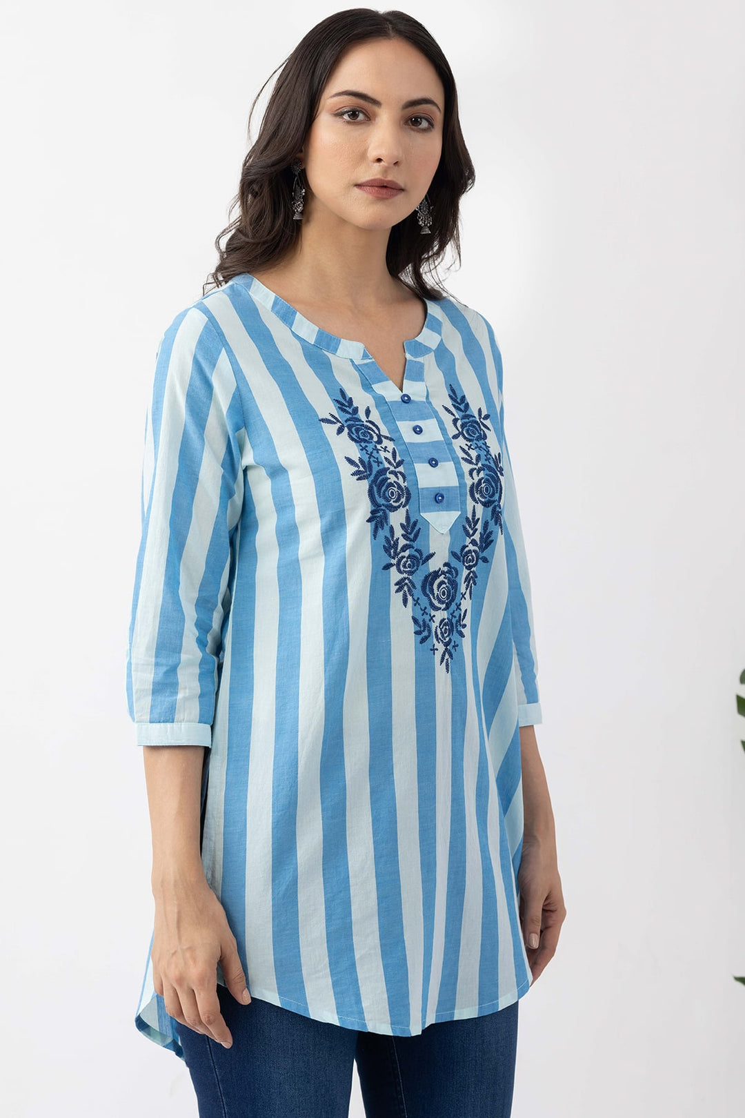 Blue Embroidered Cotton Stripe Tunic with Round Neck &amp; 3/4 Sleeves