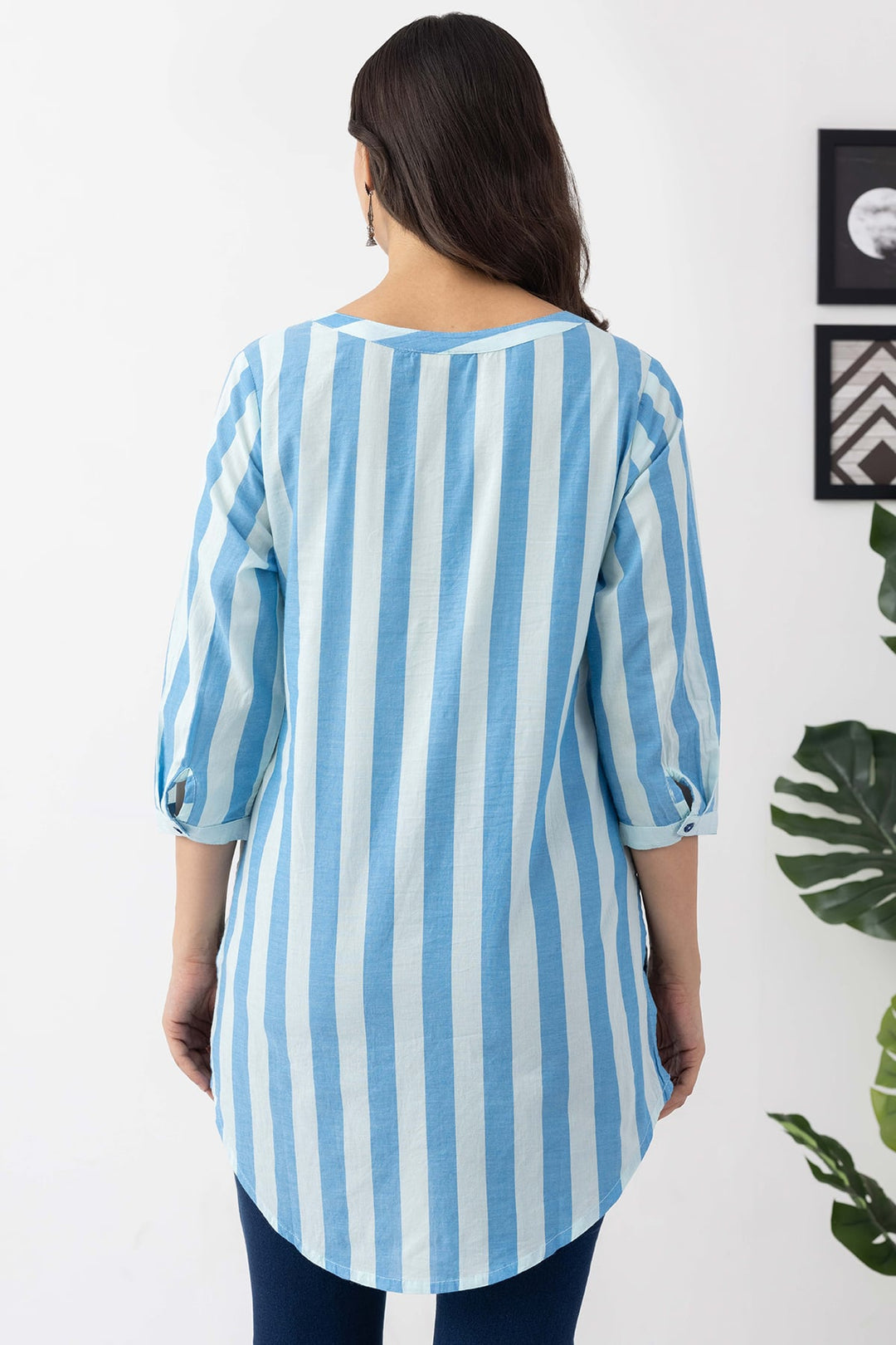 Blue Embroidered Cotton Stripe Tunic with Round Neck &amp; 3/4 Sleeves