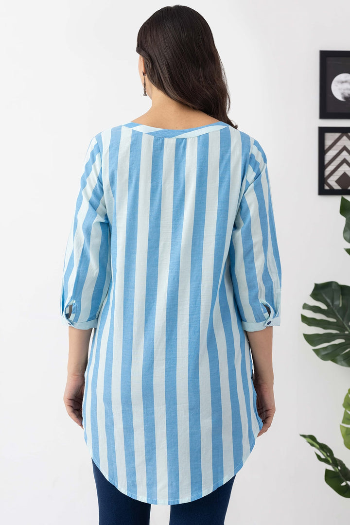 Blue Embroidered Cotton Stripe Tunic with Round Neck &amp; 3/4 Sleeves