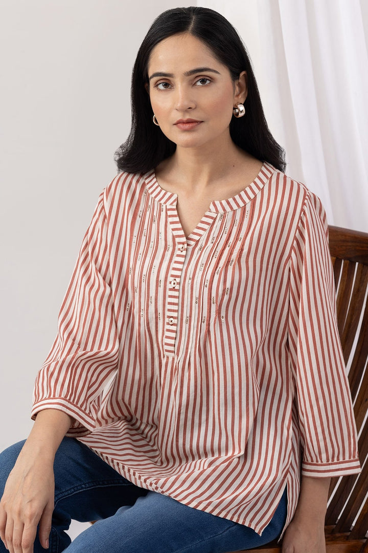 Brown Striped Viscose Modal Round Neck Top with 3/4 Sleeves