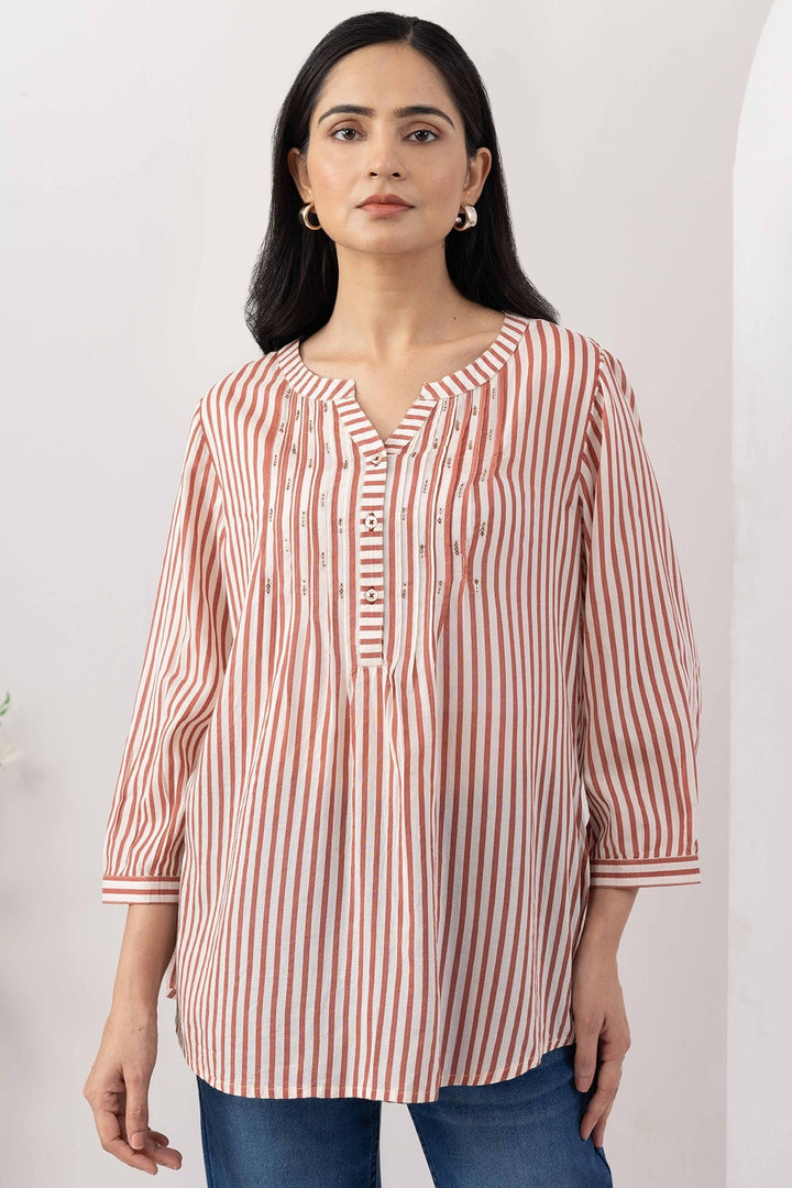 Brown Striped Viscose Modal Round Neck Top with 3/4 Sleeves