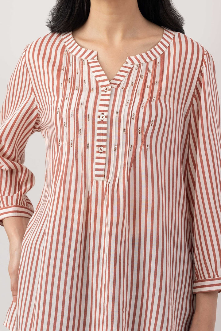 Brown Striped Viscose Modal Round Neck Top with 3/4 Sleeves
