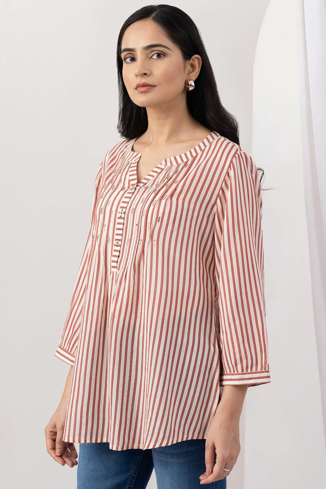 Brown Striped Viscose Modal Round Neck Top with 3/4 Sleeves