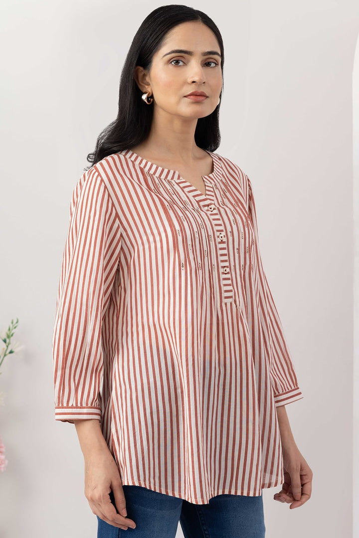 Brown Striped Viscose Modal Round Neck Top with 3/4 Sleeves
