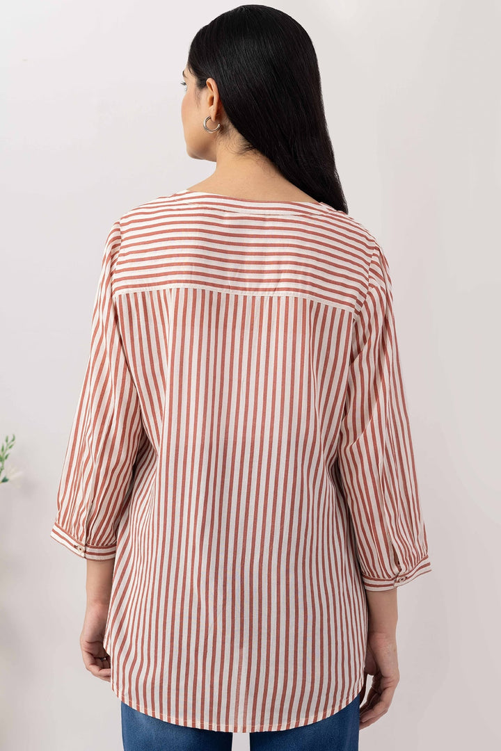 Brown Striped Viscose Modal Round Neck Top with 3/4 Sleeves