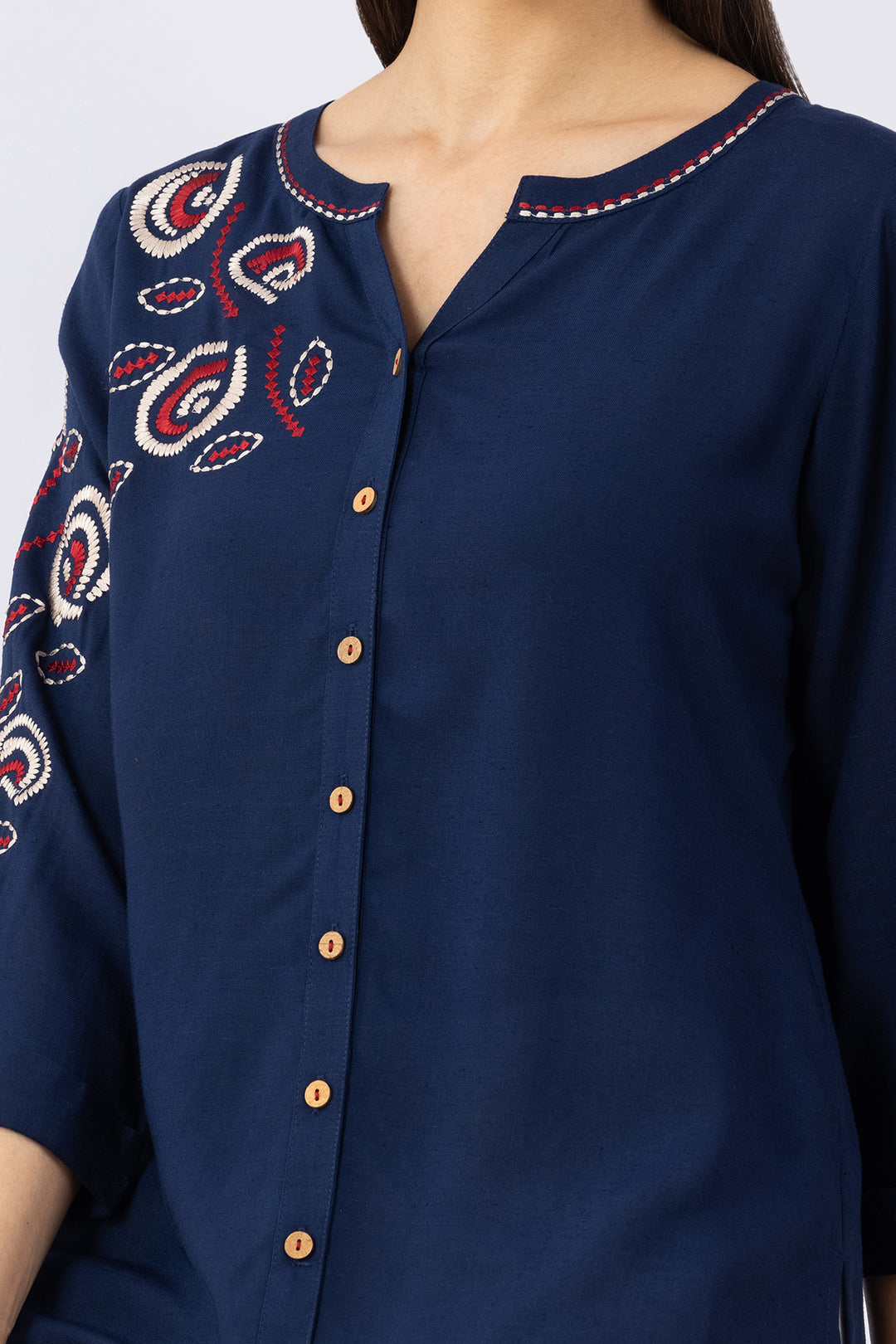 Navy linen top for women with embroidered detailing