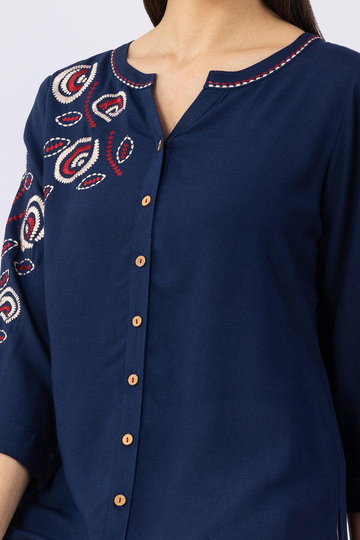 Navy linen top for women with embroidered detailing