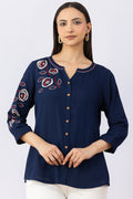 Navy linen top for women with embroidered detailing
