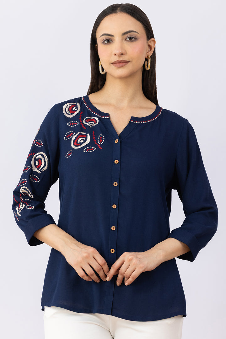 Navy linen top for women with embroidered detailing