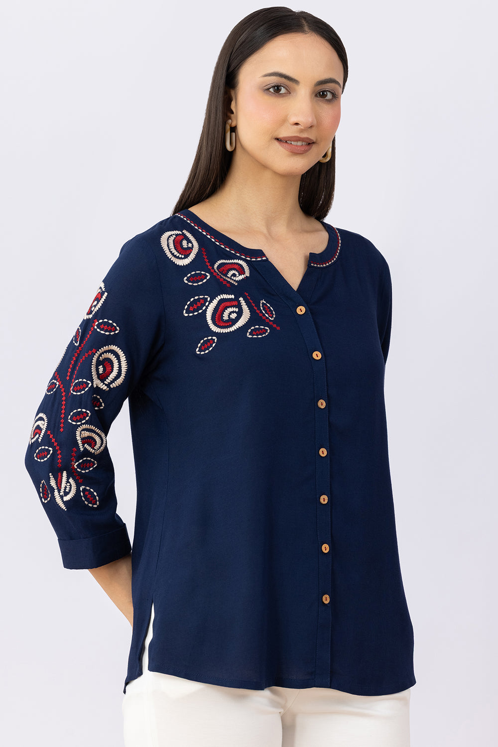 Navy linen top for women with embroidered detailing