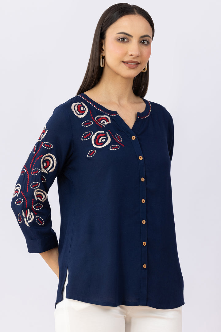 Navy linen top for women with embroidered detailing