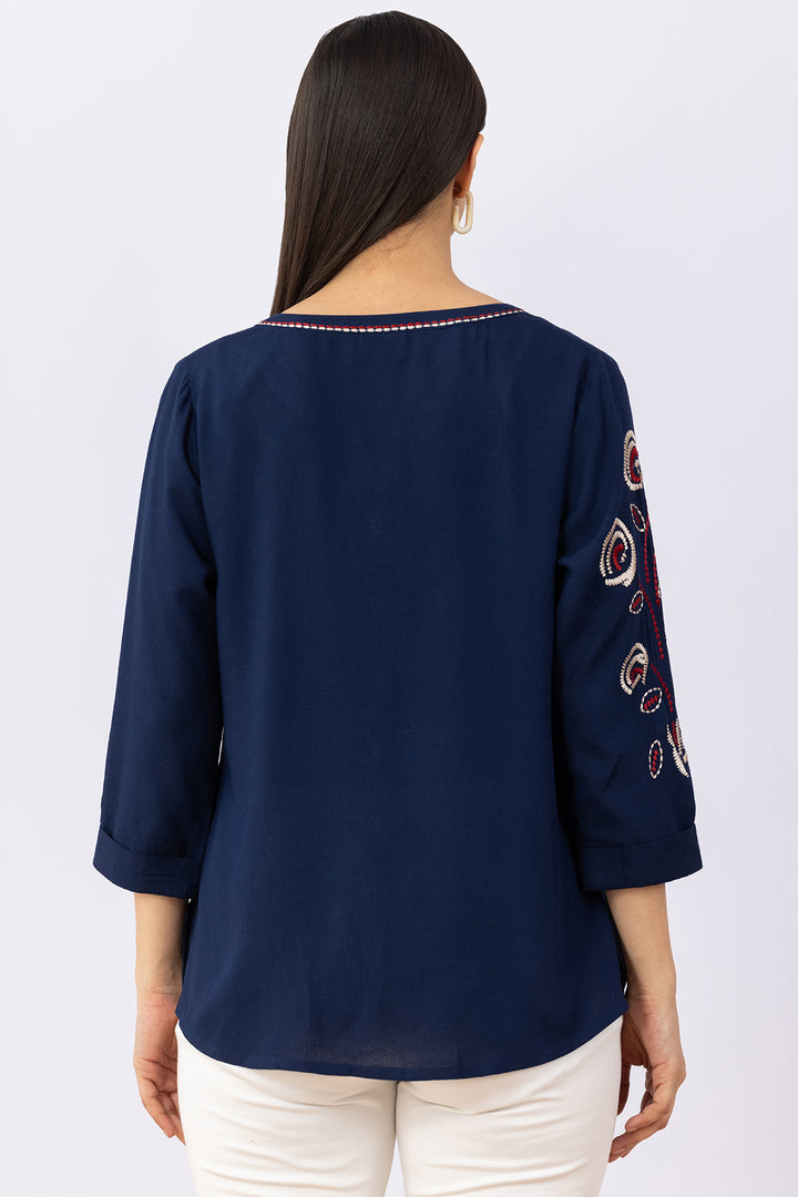 Navy linen top for women with embroidered detailing