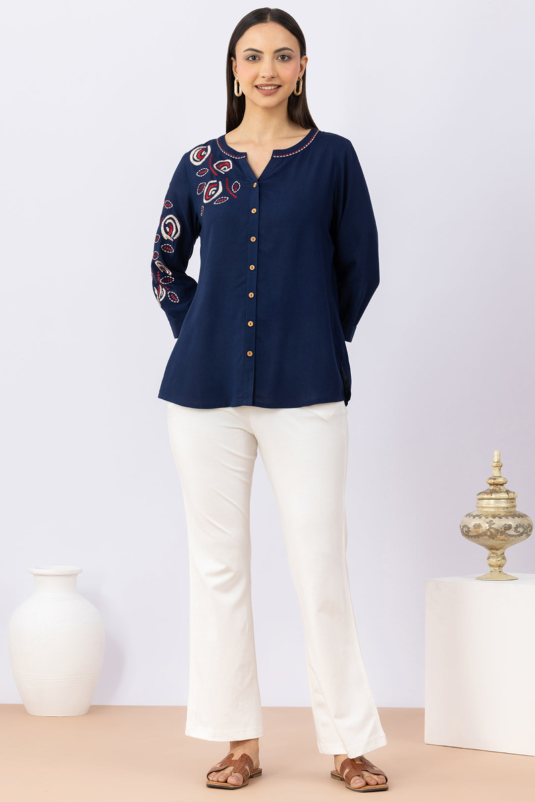 Navy linen top for women with embroidered detailing