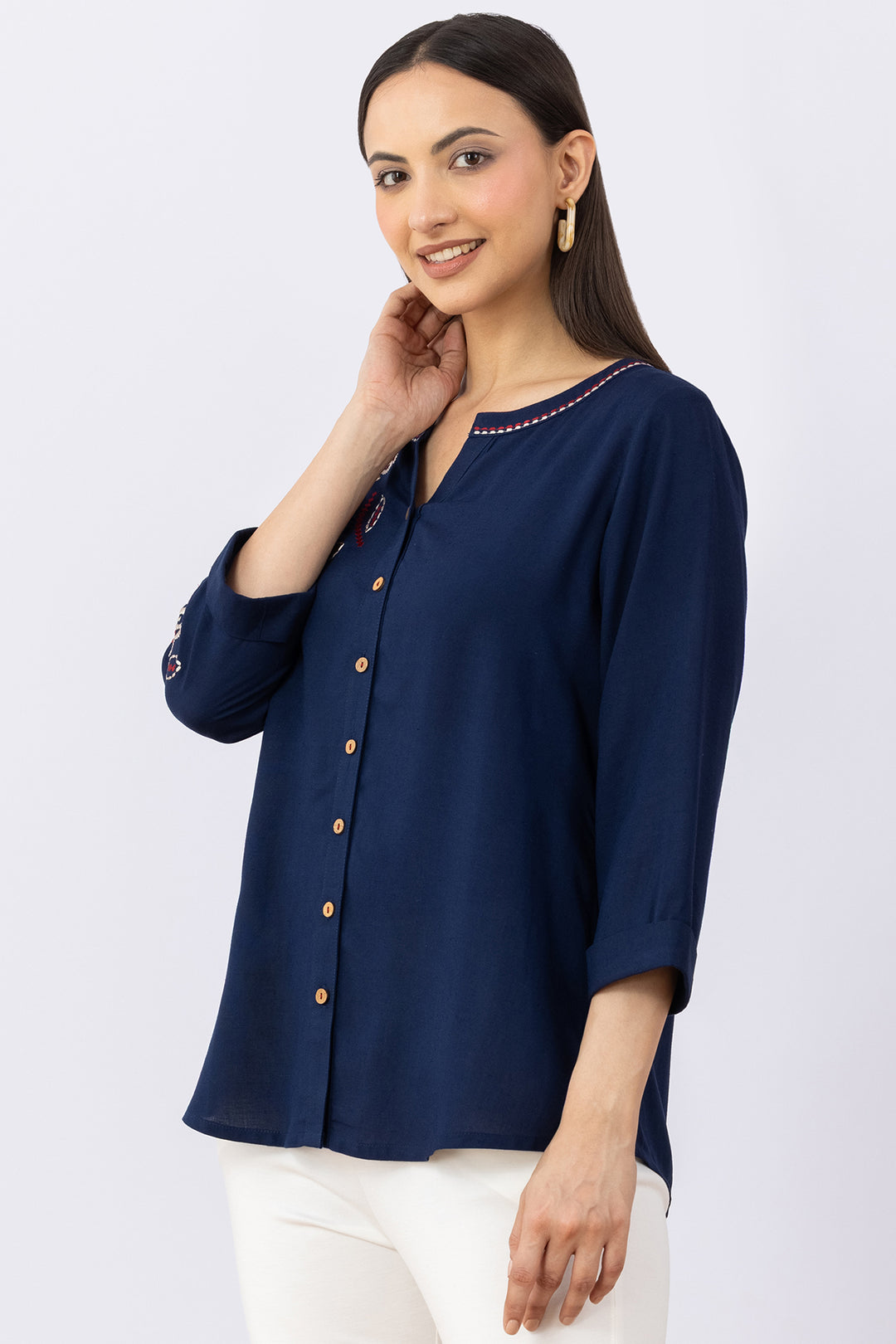Navy linen top for women with embroidered detailing