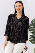 Black Viscose Printed Shirt with Collar & 3/4 Sleeves