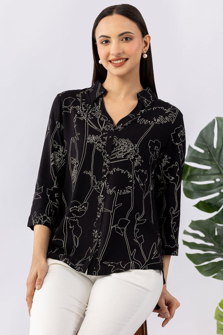 Black Viscose Printed Shirt with Collar &amp; 3/4 Sleeves